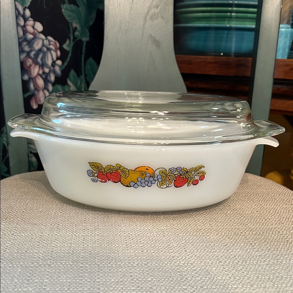 Vintage Anchor Hocking Fire King Covered Casserole Dish Natures or Fruit Harvest